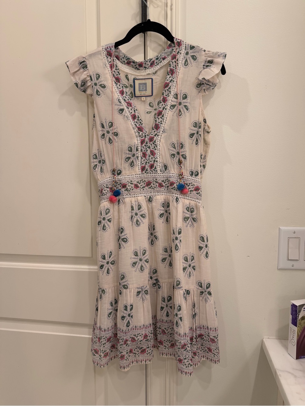 Bell Pink Printed Tiered Mini Dress with Tassel Tie